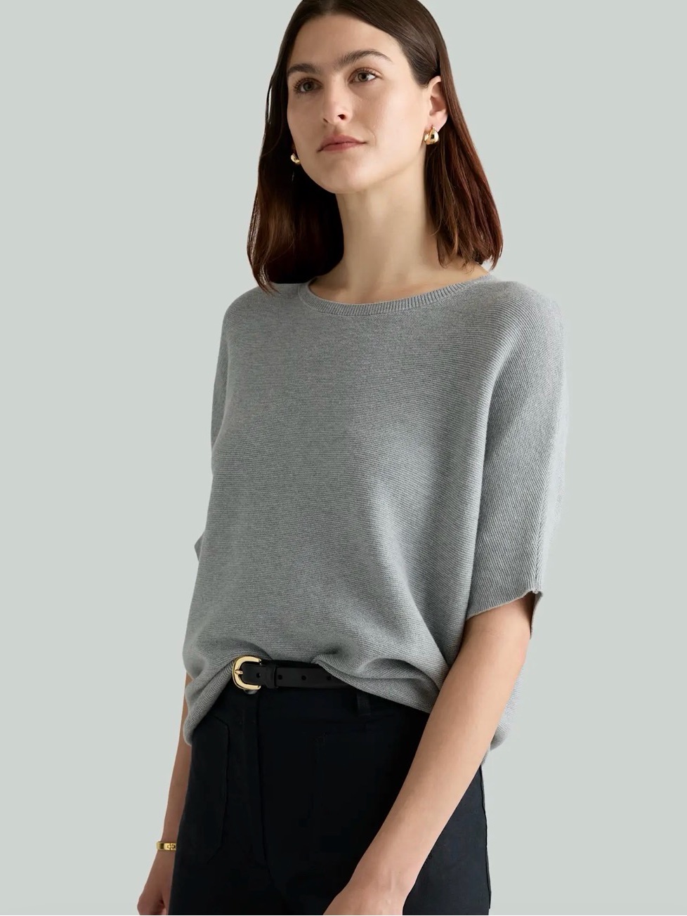 Quince Lightweight Cotton Cashmere Link-Stitch Dolman Sweater Heather Grey Small